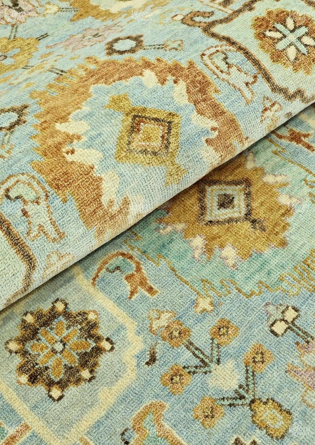 Hand-Knotted Gold Oushak Rug: Vintage Sky Blue Wool Area Rug