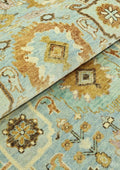 Hand-Knotted Gold Oushak Rug: Vintage Sky Blue Wool Area Rug