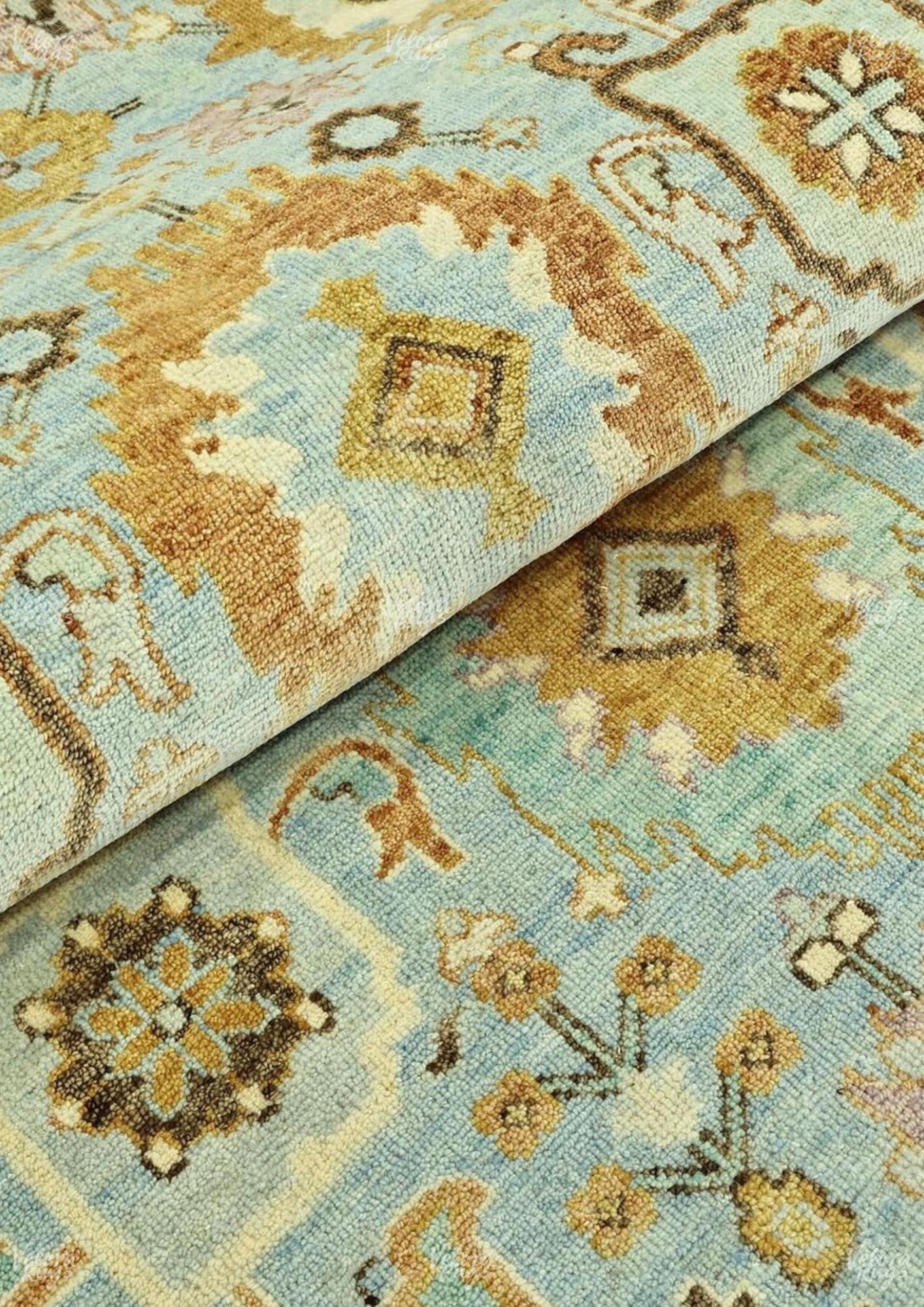Hand-Knotted Gold Oushak Rug: Vintage Sky Blue Wool Area Rug