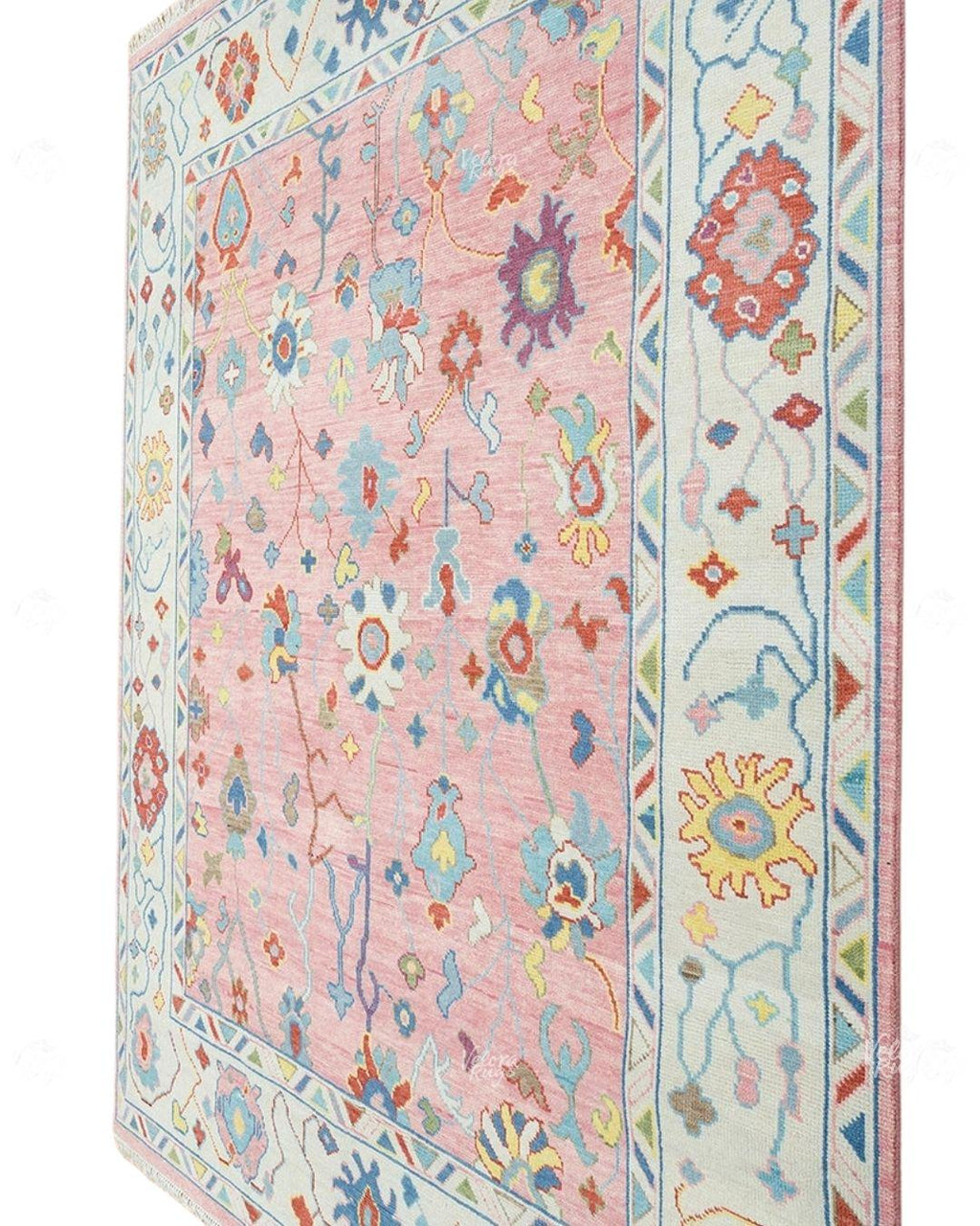 Pink Oushak Rug – Hand Knotted Wool Area Carpet | Light Blue & Ivory Border | Modern Turkish Floral Design | Handmade Boho Living Room Decor
