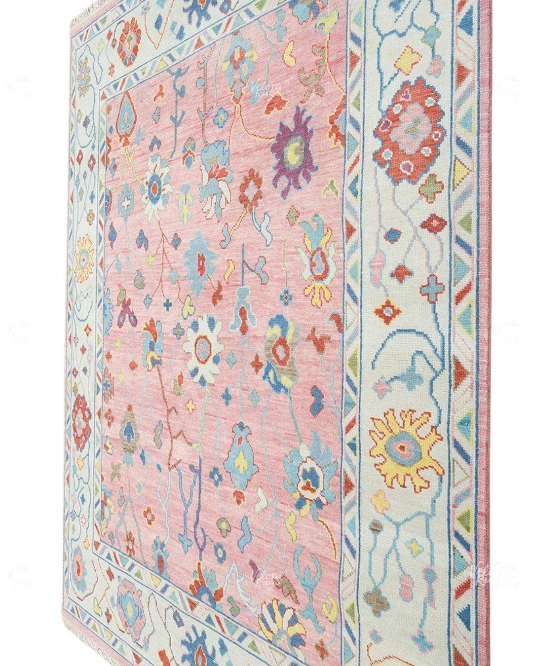 Pink Oushak Rug – Hand Knotted Wool Area Carpet | Light Blue & Ivory Border | Modern Turkish Floral Design | Handmade Boho Living Room Decor
