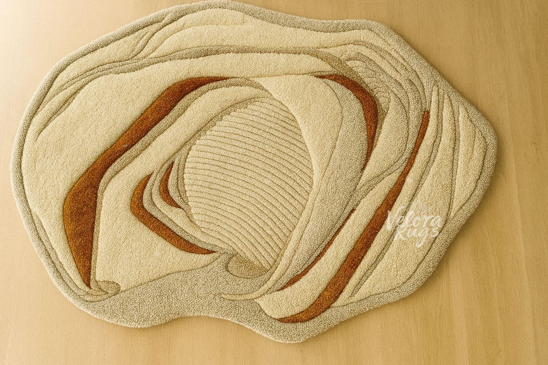 Beige Tufted Wool Rug – Abstract Modern Area Carpet | 3D Textured Handmade Rug with Rust Accents | Neutral Organic Shape Home Decor