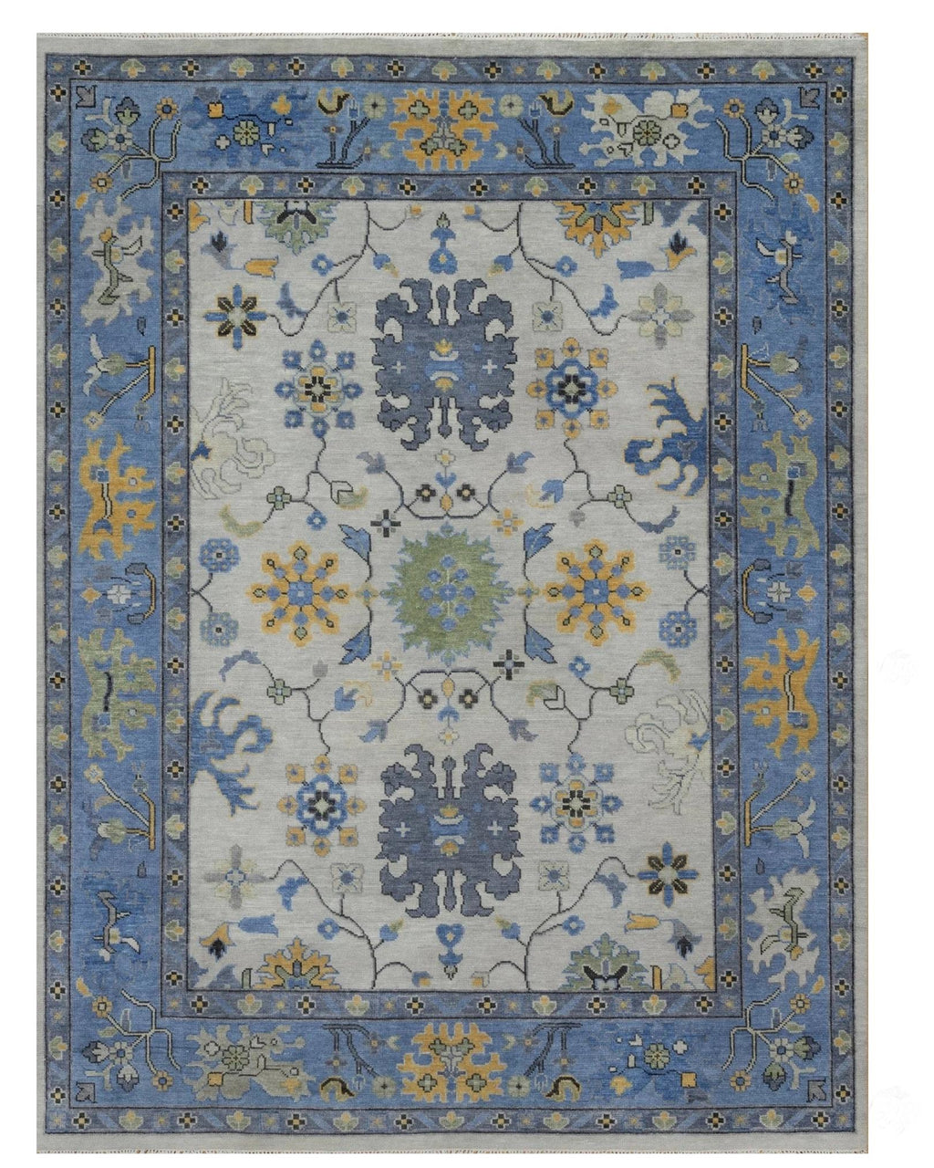 Elegant Hand-Knotted Ivory & Blue Oushak Rug - Antique-Style Contemporary Design, Available in 4x6, 8x10, 9x12, 10x14 ft | Living Room Rug