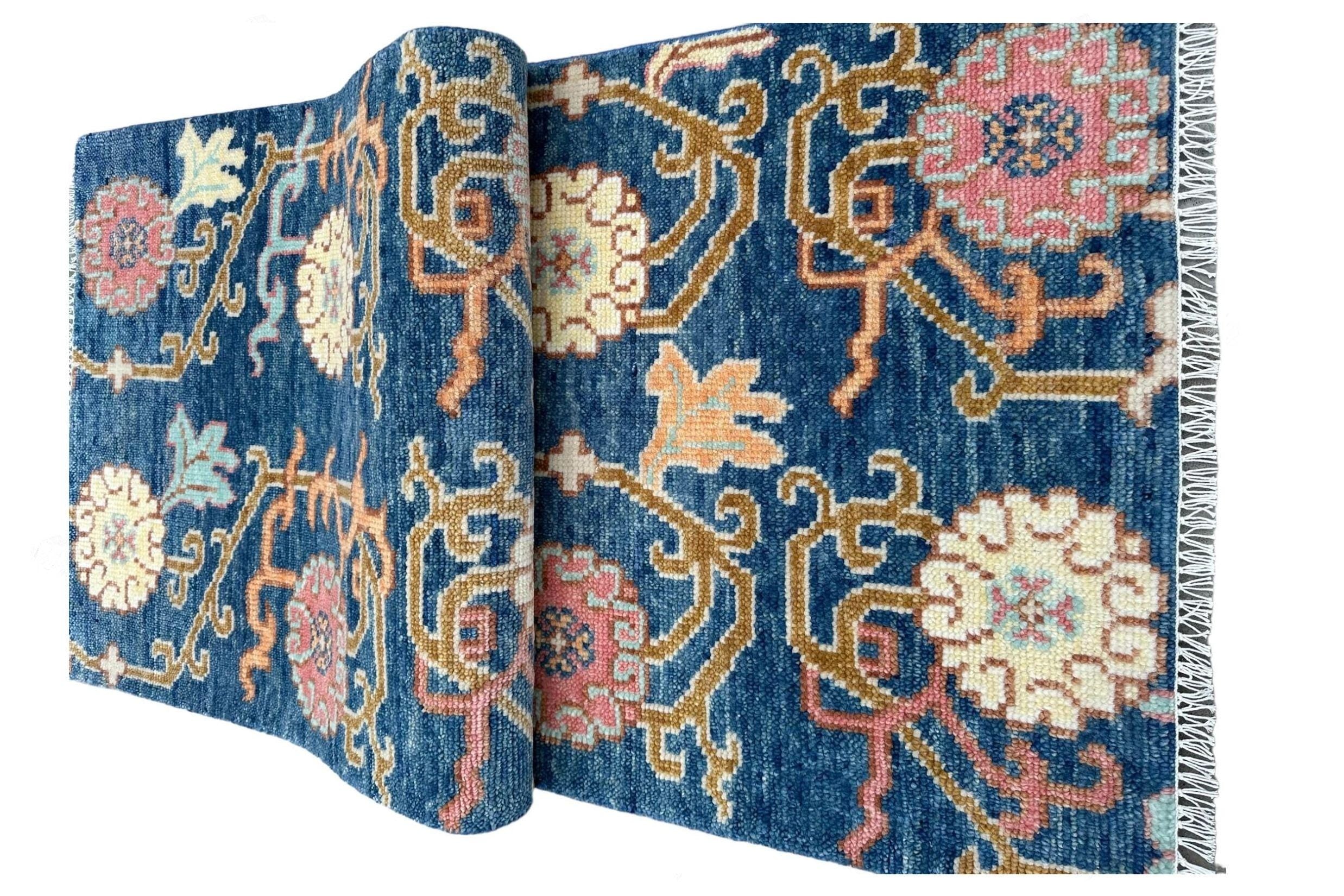 Navy Blue Oushak Runner Rug: Hand Knotted Wool Turkish Carpet - Hallway Runner - Kitchen Runner - Boho Runner Stair Rug | Home Decor