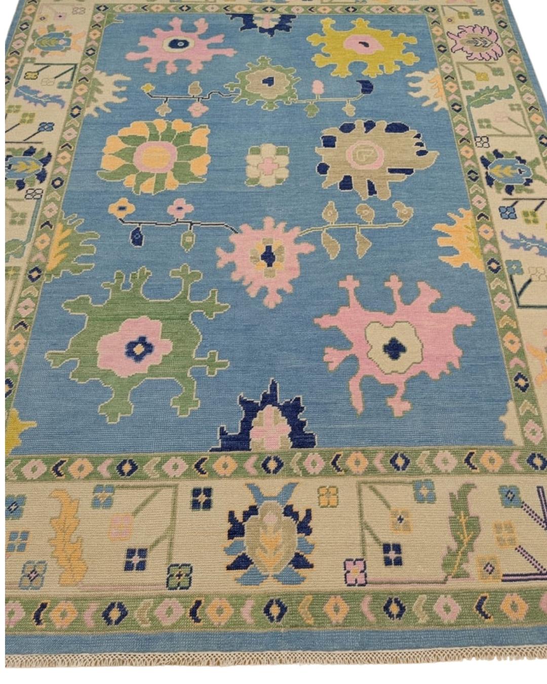 Sky Blue Hand-Knotted Oushak Rug – Modern Turkish Design with Cream Accents | Vintage-Style Wool Area Rug 8x10, 9x12 ft  | Living Room Decor