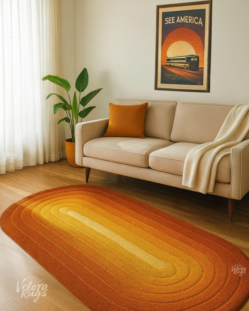 Hand Tufted Retro Oval Rug – Orange Yellow Gradient Wool Carpet, Modern Boho Area Rug for Living Room, Bedroom or Entryway, Home Decor