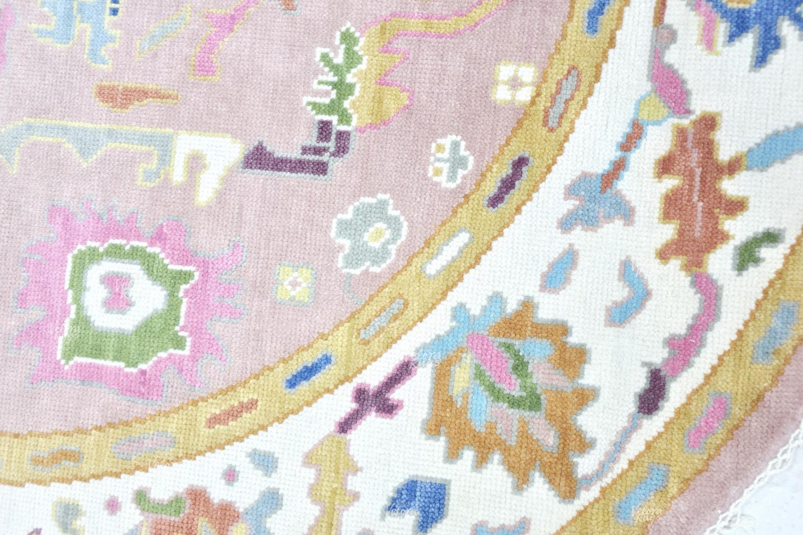 Pink Round Oushak Rug 5' 6' 7' 8' 9' 10' Diameter - Hand Knotted Wool Oushak Style Rug For Living Room, Dining & Kitchen Area