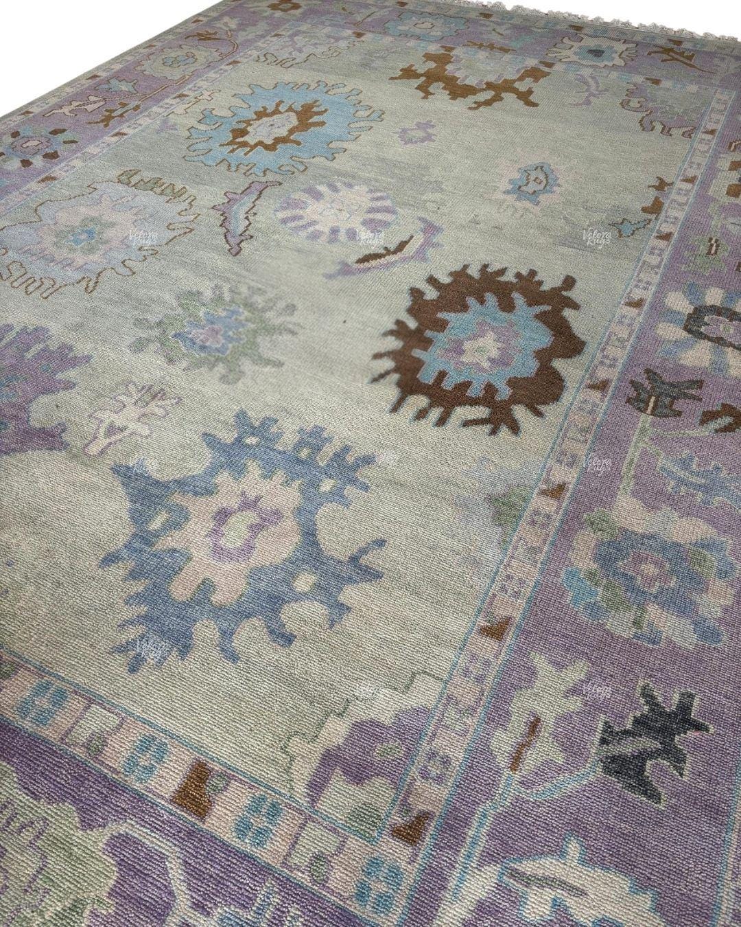 Handmade Pastel Oushak Rug – Wool Turkish Style Carpet with Lavender, Blue & Beige Tones, Vintage Floral Area Rug For Living Room, Bedroom