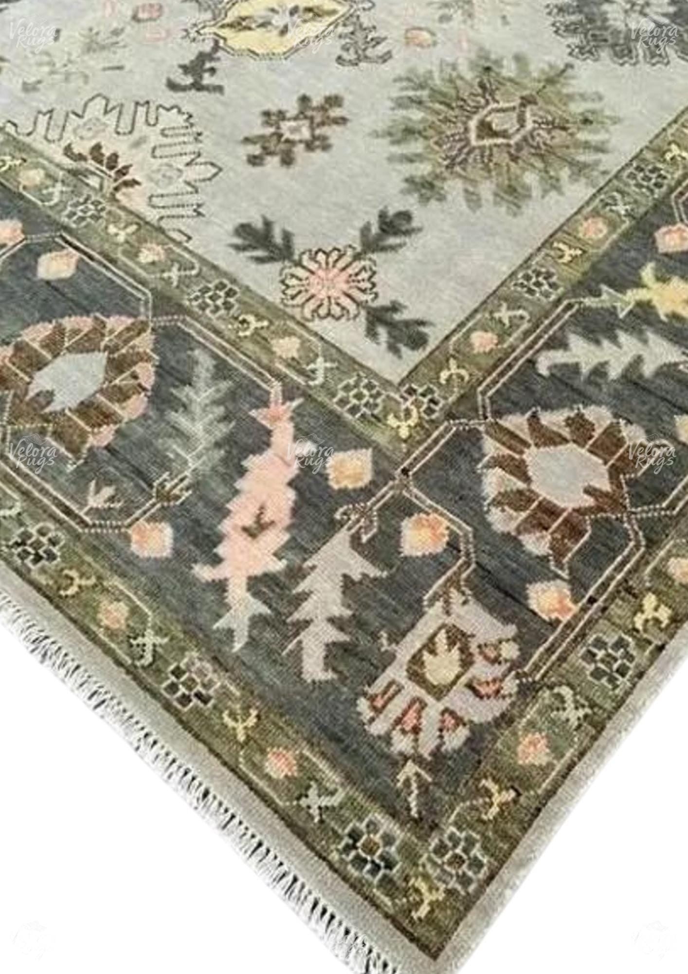 Hand-Knotted Oushak Wool Rug: Grey, Black and Ivory Turkish Carpet