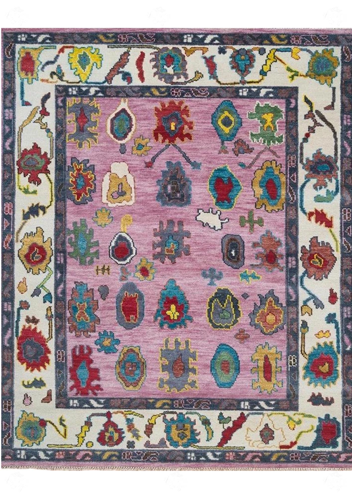 Hand-Knotted Oushak Wool Rug: Beige & Pink Turkish Design
