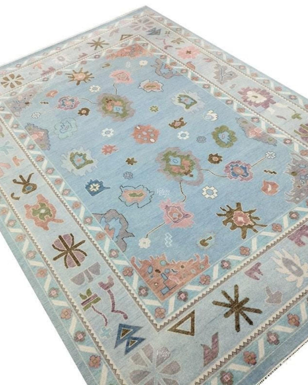 Light Blue Hand-Knotted Oushak Rug, Traditional Turkish Style Wool Area Rug, Handmade Rug for Living Room, Bedroom, or Dining | Custom sizes