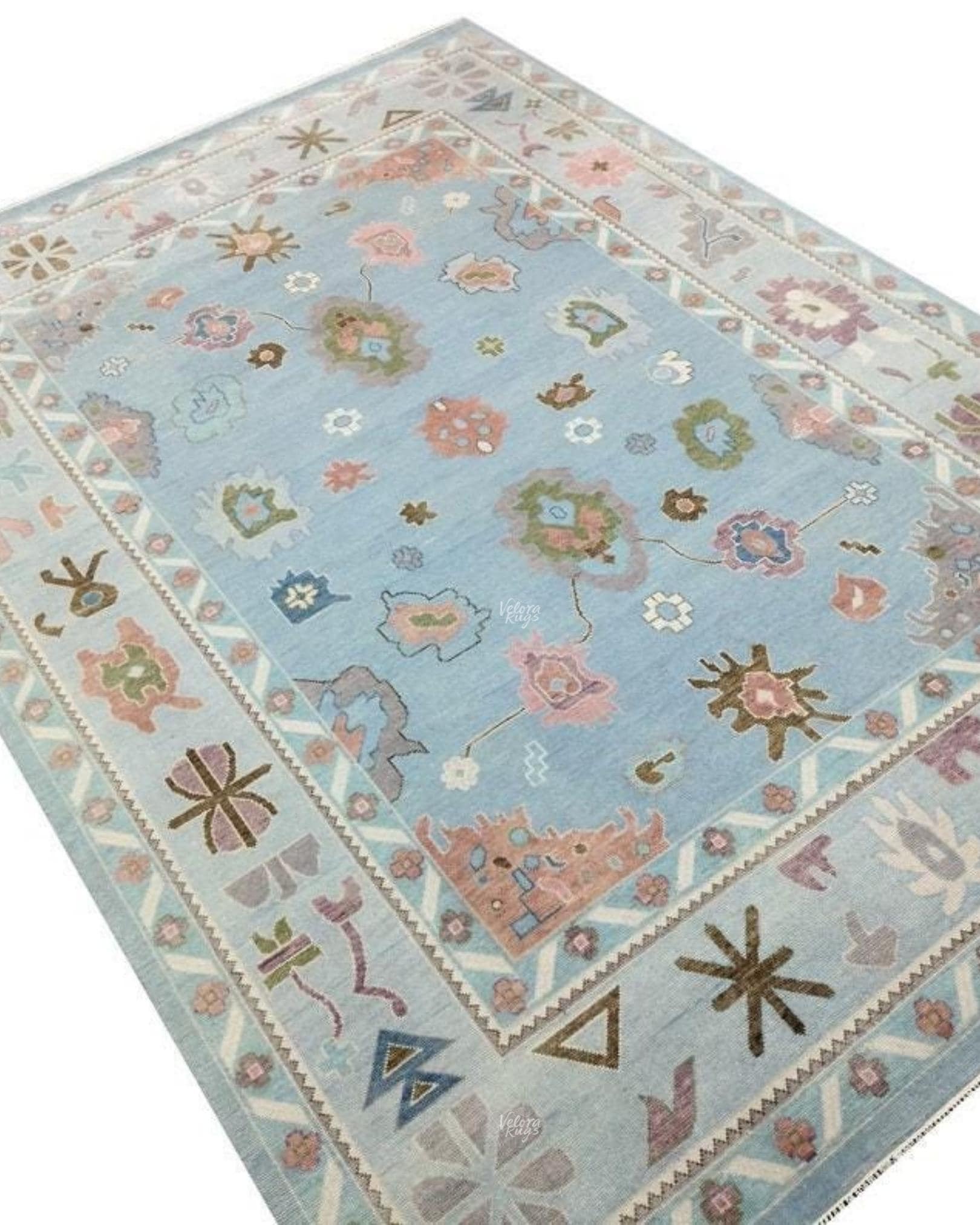 Light Blue Hand-Knotted Oushak Rug, Traditional Turkish Style Wool Area Rug, Handmade Rug for Living Room, Bedroom, or Dining | Custom sizes