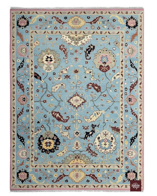 Elegant Sky Blue Oushak Hand Knotted Wool Rug | Vintage Style Area Carpet 9x12 ft | Handmade Rug for Living Room, Bedroom & Dinning Hall