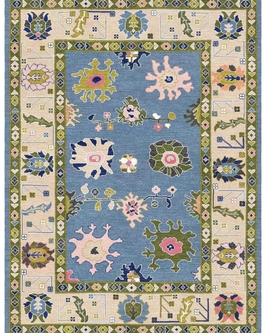 Sky Blue Hand-Knotted Oushak Rug – Modern Turkish Design with Cream Accents | Vintage-Style Wool Area Rug 8x10, 9x12 ft  | Living Room Decor