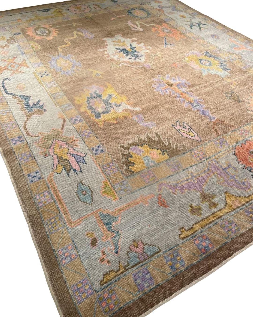 Handmade Brown Modern Oushak Wool Rug | Neutral Color 8x10 Turkish Carpet | Pastel Floral Area Rug For Living Room, Bedroom | Customize Rug