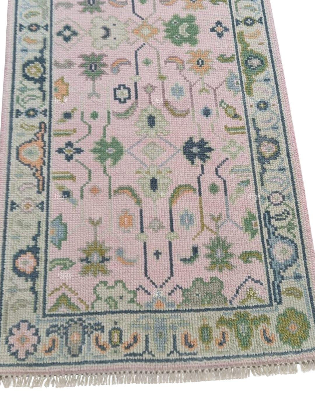 Handmade Pink Oushak Runner Rug – Floral Design Wool Persian Style Hallway Carpet For Entryway, Kitchen & Bedroom Décor, Custom Size Runner