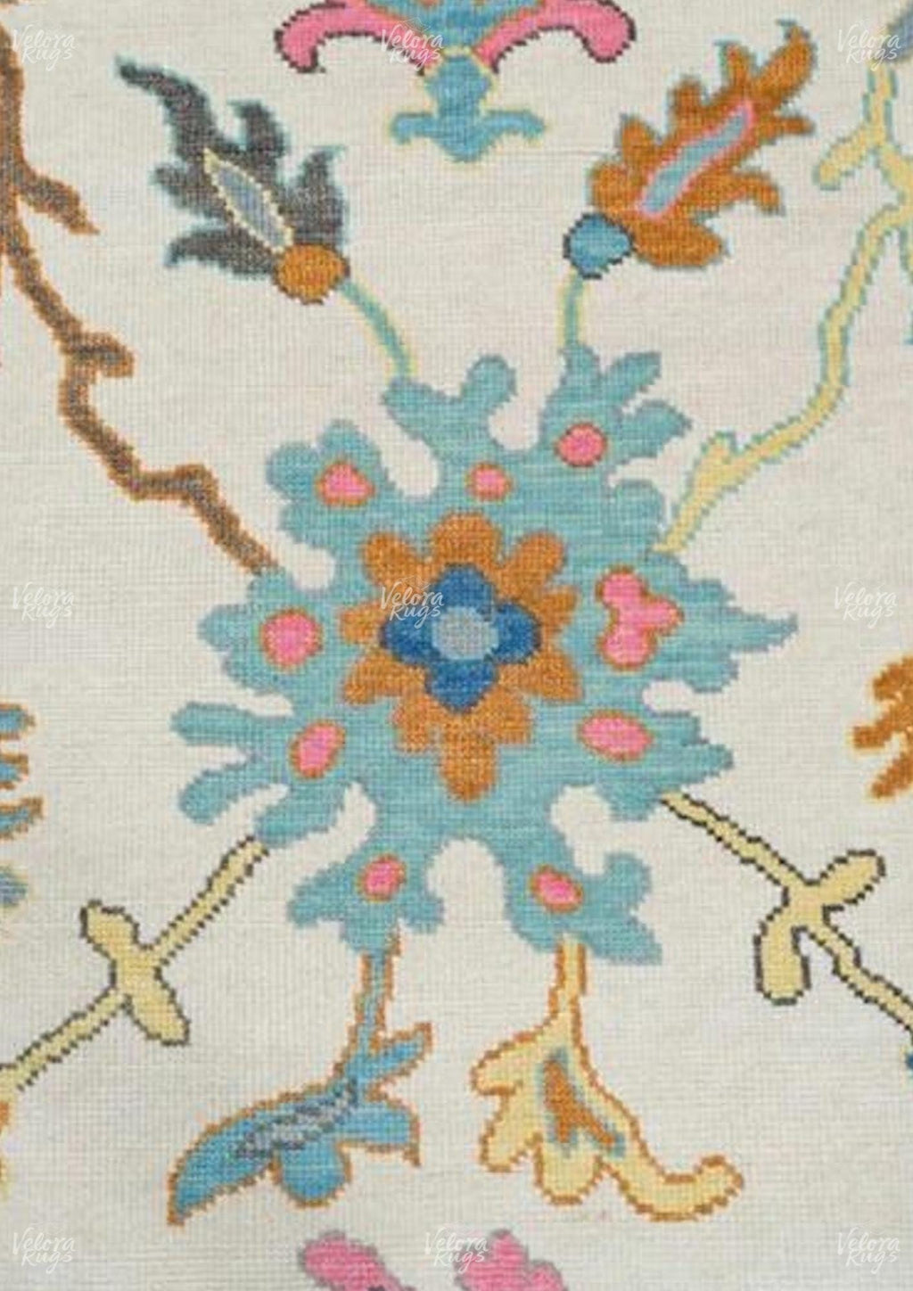 Hand-Knotted Oushak Wool Rug: Beige & Blue Turkish Area Carpet