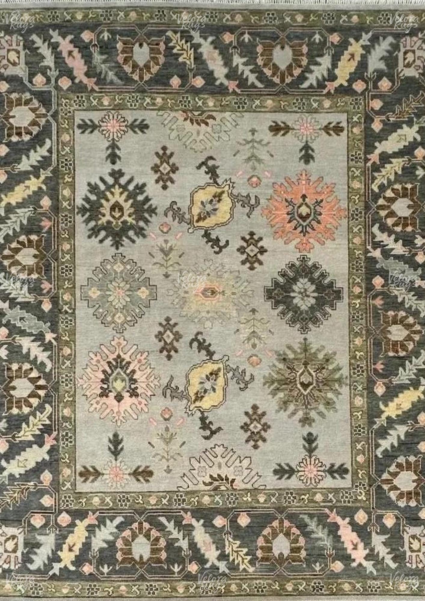 Hand-Knotted Oushak Wool Rug: Grey, Black and Ivory Turkish Carpet