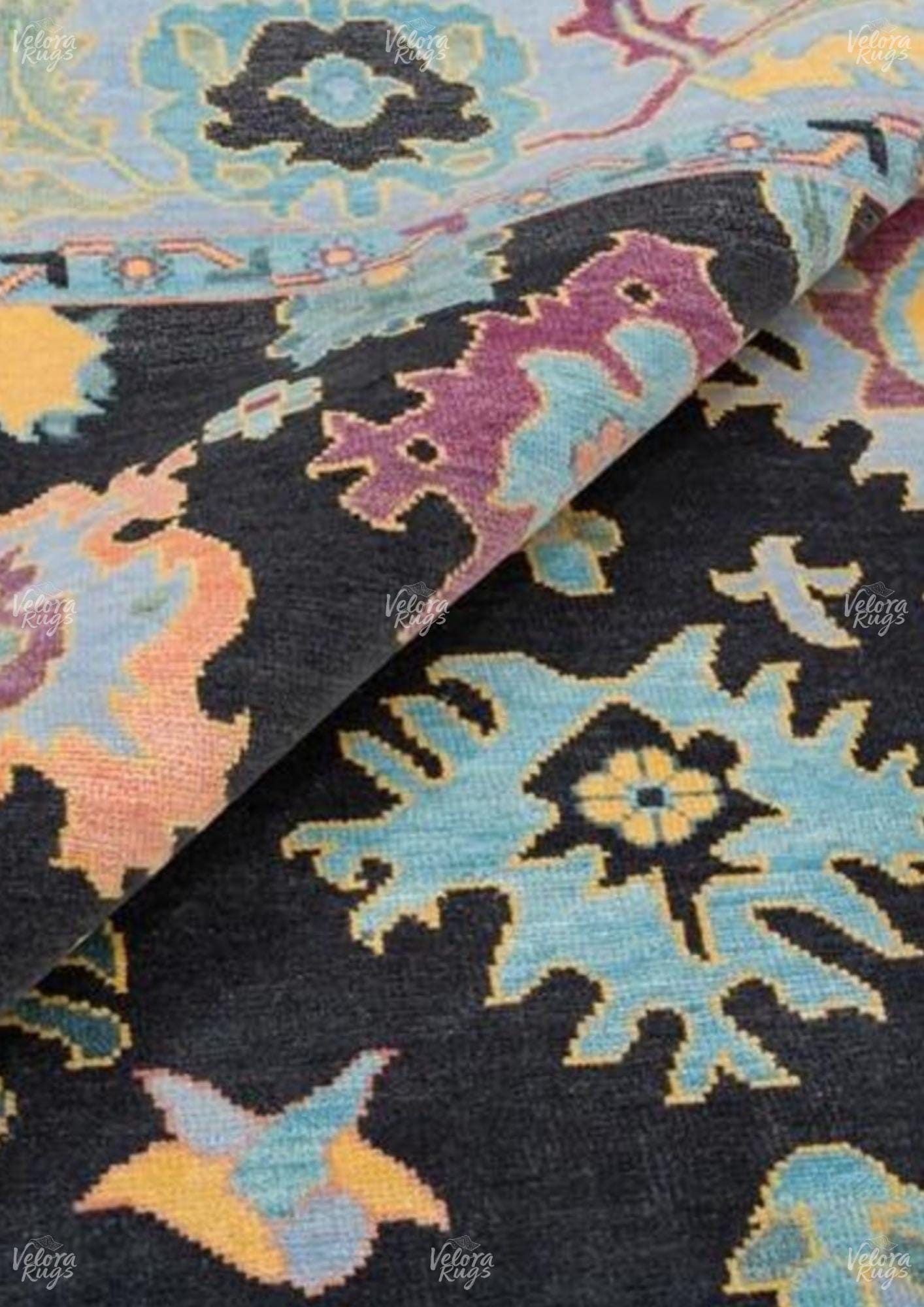 Hand-Knotted Black Oushak Wool Rug: Vintage Turkish Floral Carpet