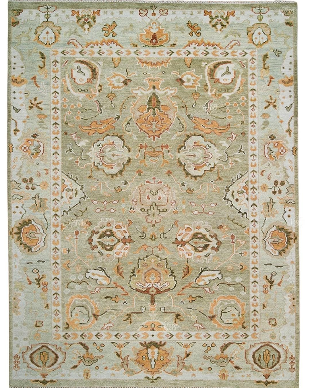 Sage Green Oushak Rug | Handmade Wool Rug | Hand-Knotted Indian Rug for Living Room & Bedroom | Custom Sizes 4x6 to 10x14 ft | Home Decor