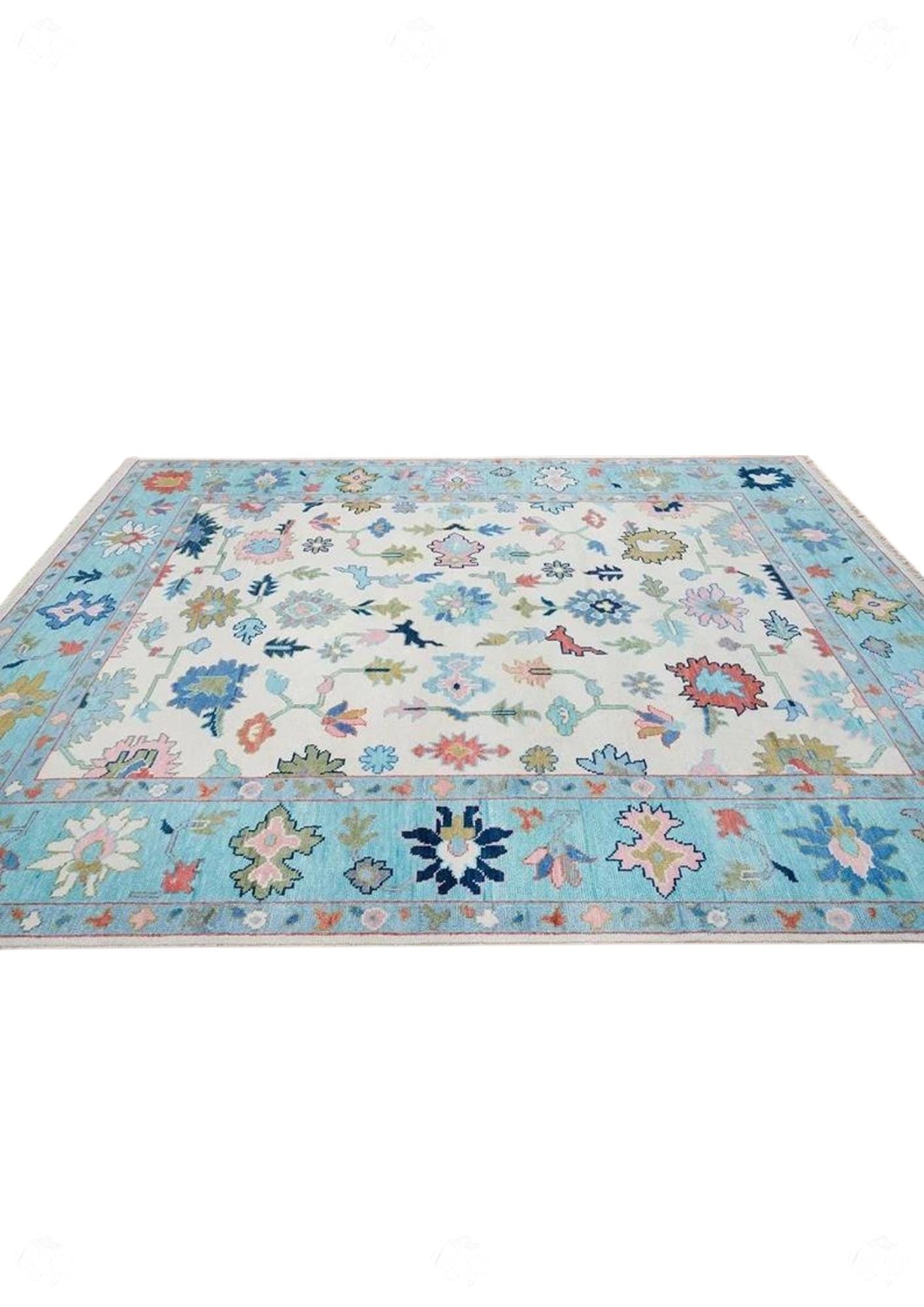 Hand-Knotted Oushak Wool Rug: Beige & Light Blue Turkish Carpet