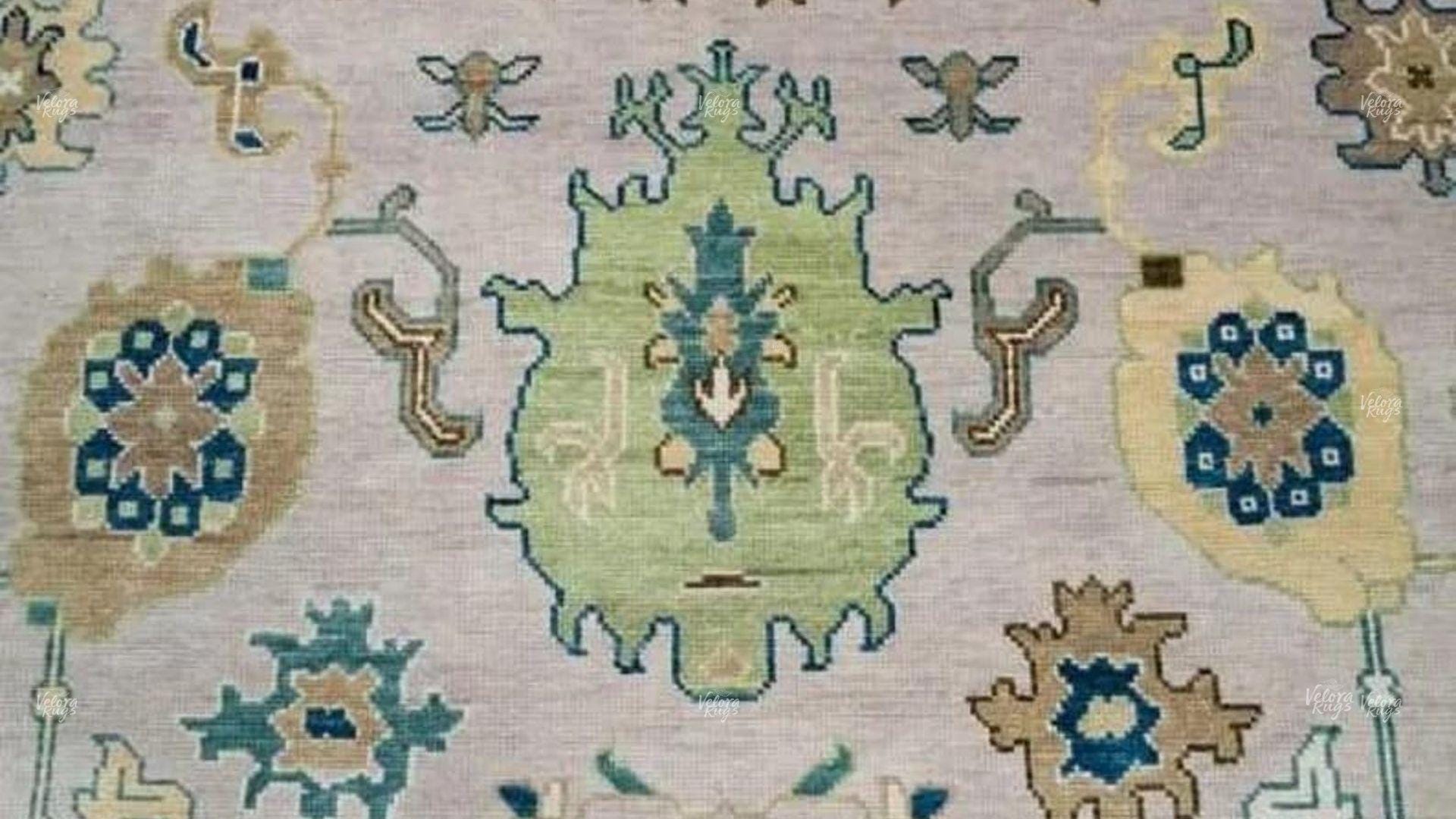 Hand Knotted Wool Oushak Rug | Beige and Green Oriental Area Carpet | Traditional Turkish Style Floral Design | Living Room Home Decor Rug