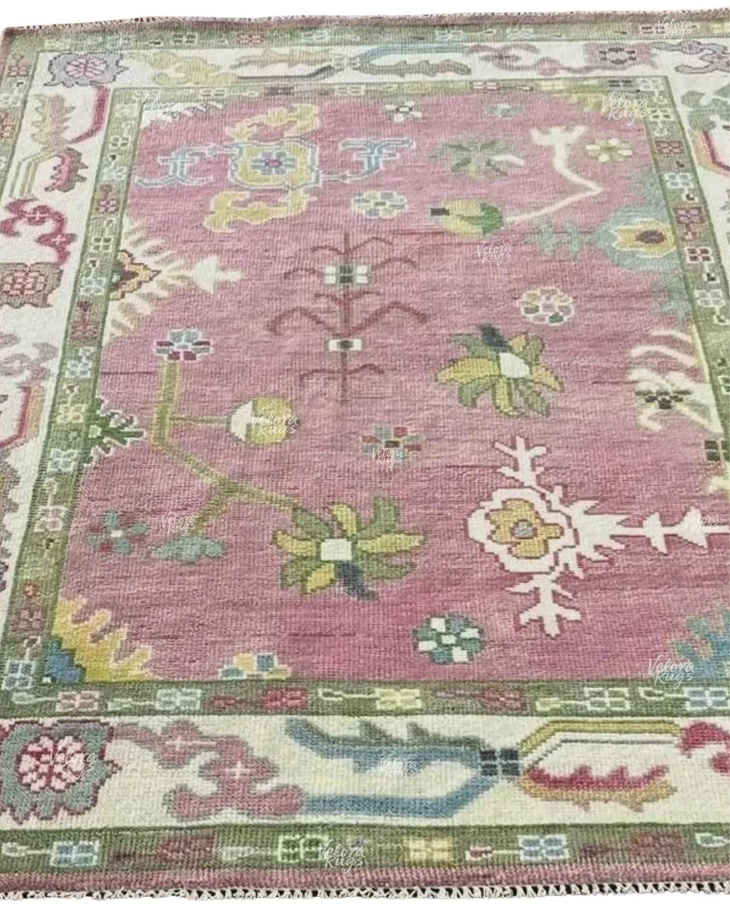 Elegant Hand-Knotted Pink Oushak Rug - Antique-Style Floral Design, Available in 4x6, 5x8, 6x9, 8x10, 9x12, 10x14 ft | Living Room & Bedroom