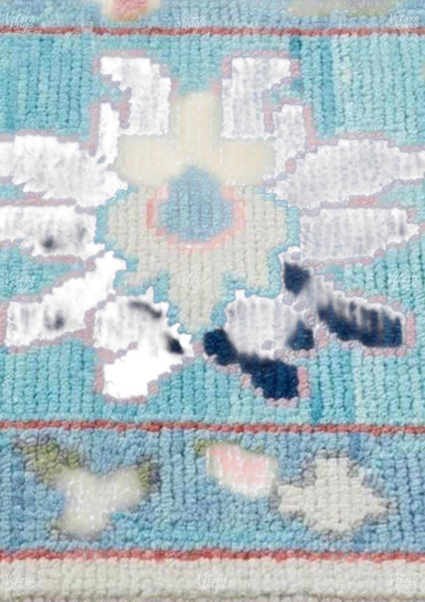 Hand-Knotted Oushak Wool Rug: Beige & Light Blue Turkish Carpet