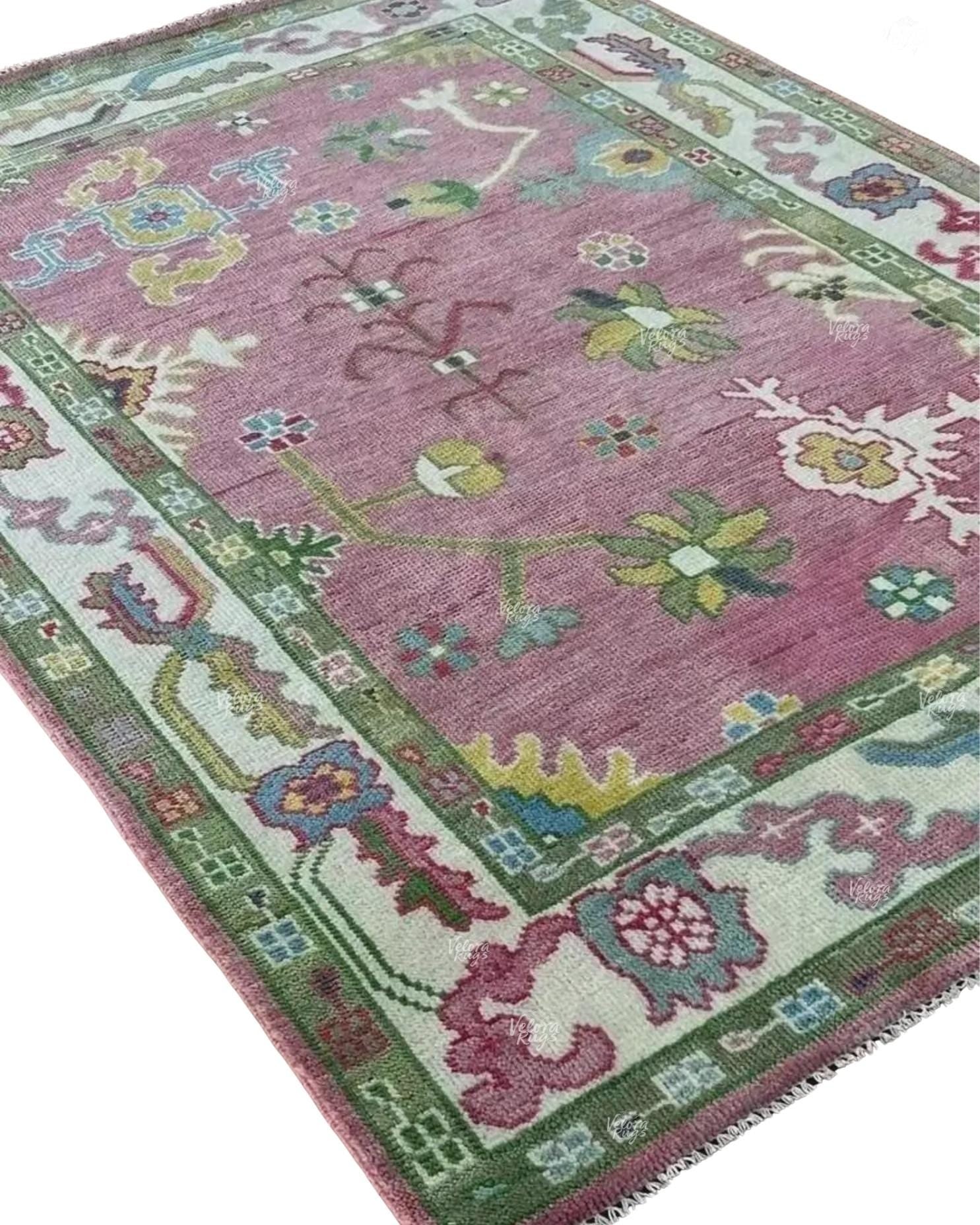Elegant Hand-Knotted Pink Oushak Rug - Antique-Style Floral Design, Available in 4x6, 5x8, 6x9, 8x10, 9x12, 10x14 ft | Living Room & Bedroom