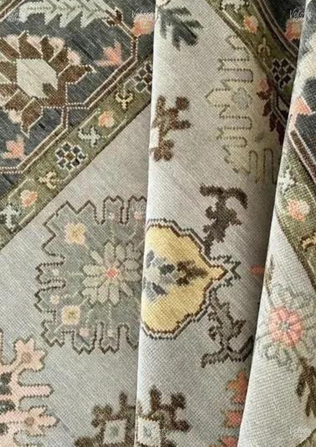 Hand-Knotted Oushak Wool Rug: Grey, Black and Ivory Turkish Carpet