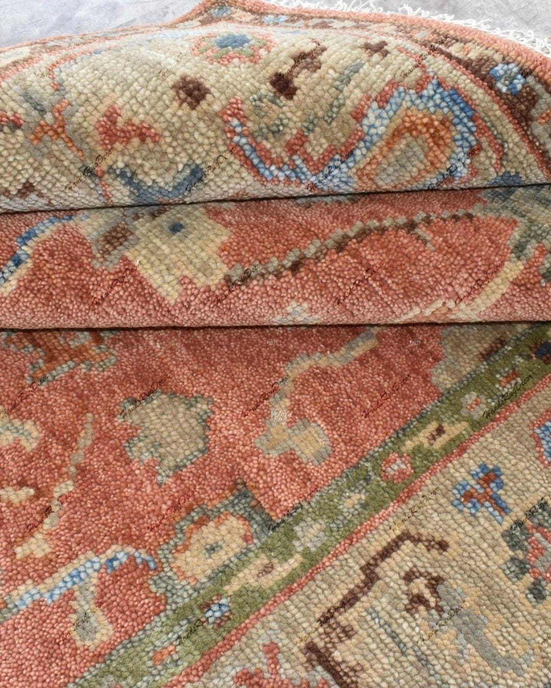 Terracotta Oushak Hand-Knotted Wool Turkish Rug | Burnt Orange Oriental Area Rug | Vintage Style Wool Rug | Custom Size Living Room Decor