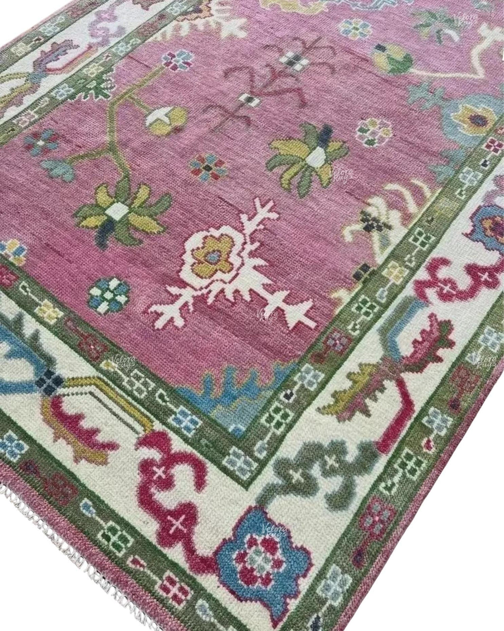 Elegant Hand-Knotted Pink Oushak Rug - Antique-Style Floral Design, Available in 4x6, 5x8, 6x9, 8x10, 9x12, 10x14 ft | Living Room & Bedroom