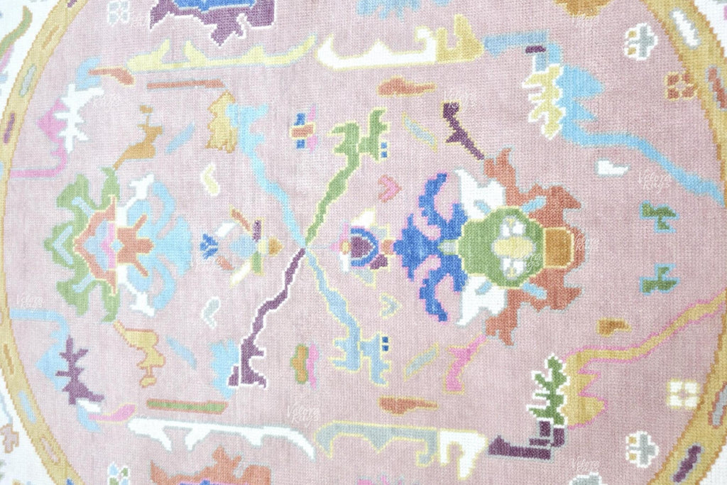 Pink Round Oushak Rug 5' 6' 7' 8' 9' 10' Diameter - Hand Knotted Wool Oushak Style Rug For Living Room, Dining & Kitchen Area