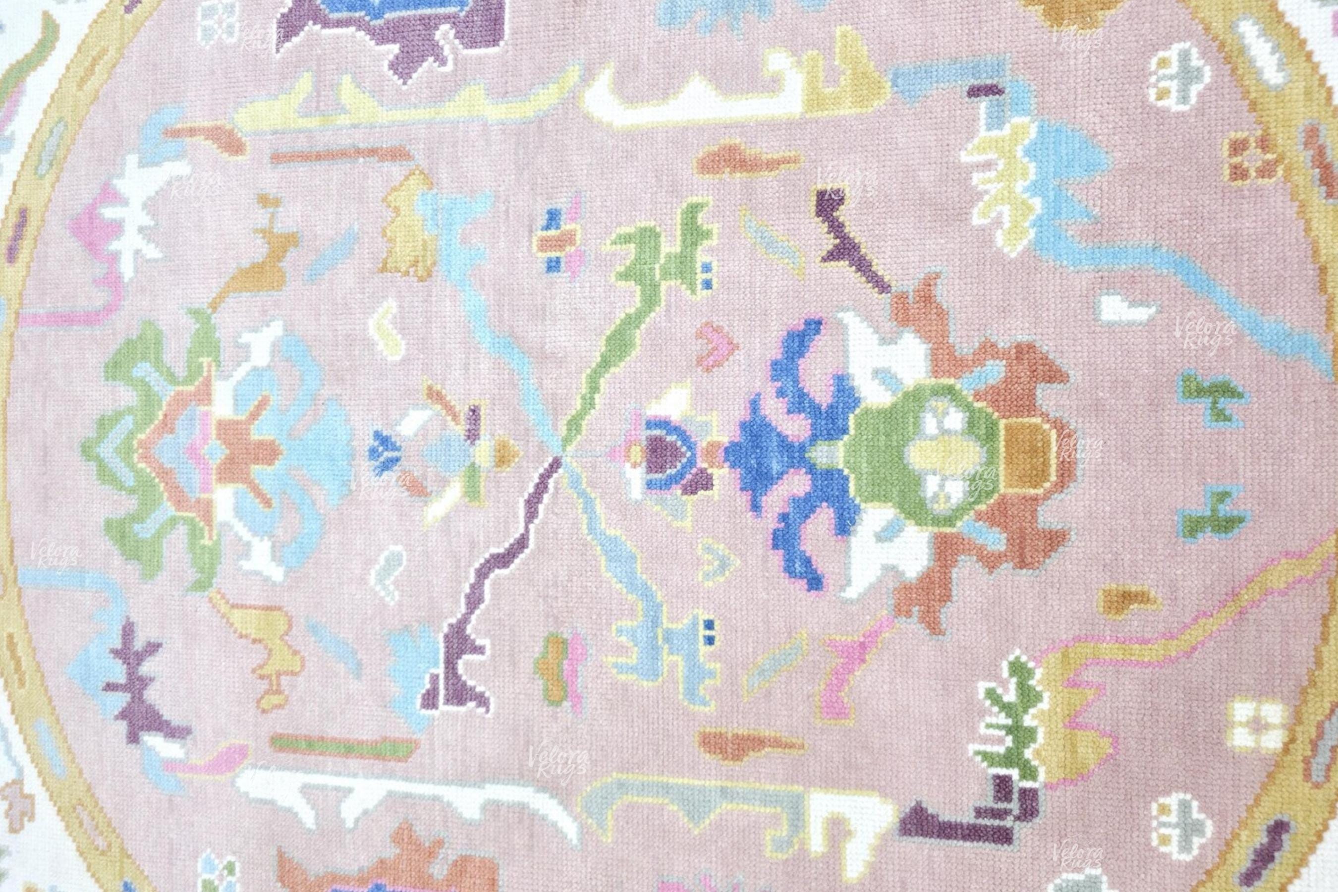 Pink Round Oushak Rug 5' 6' 7' 8' 9' 10' Diameter - Hand Knotted Wool Oushak Style Rug For Living Room, Dining & Kitchen Area