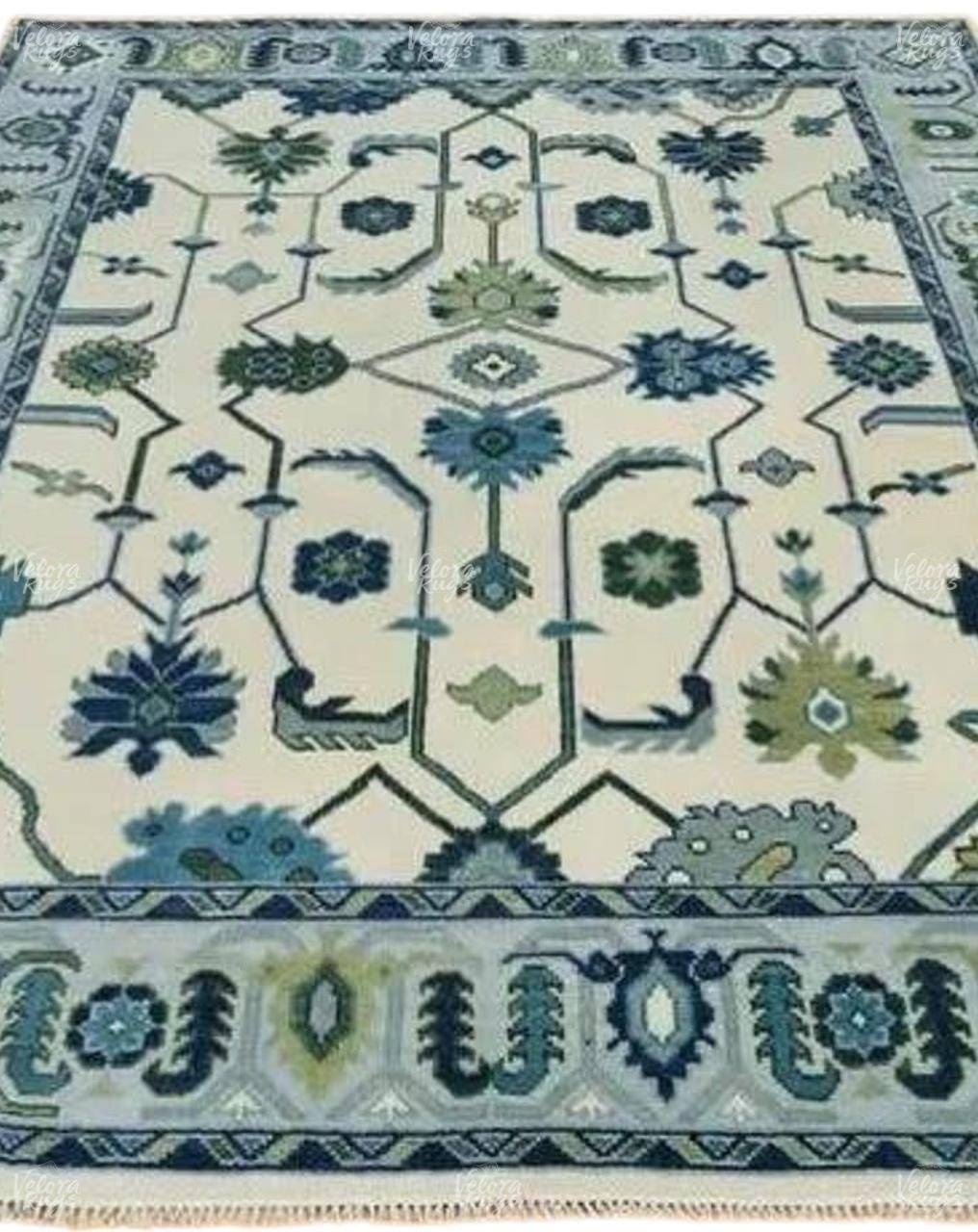 Ivory & Blue Indo Oushak Hand Knotted Rug 4x6, 5x8, 6x9, 8x10, 9x12, 10x14, 12x15 ft Handmade Rugs for Living Room - Antique Ethnic rug