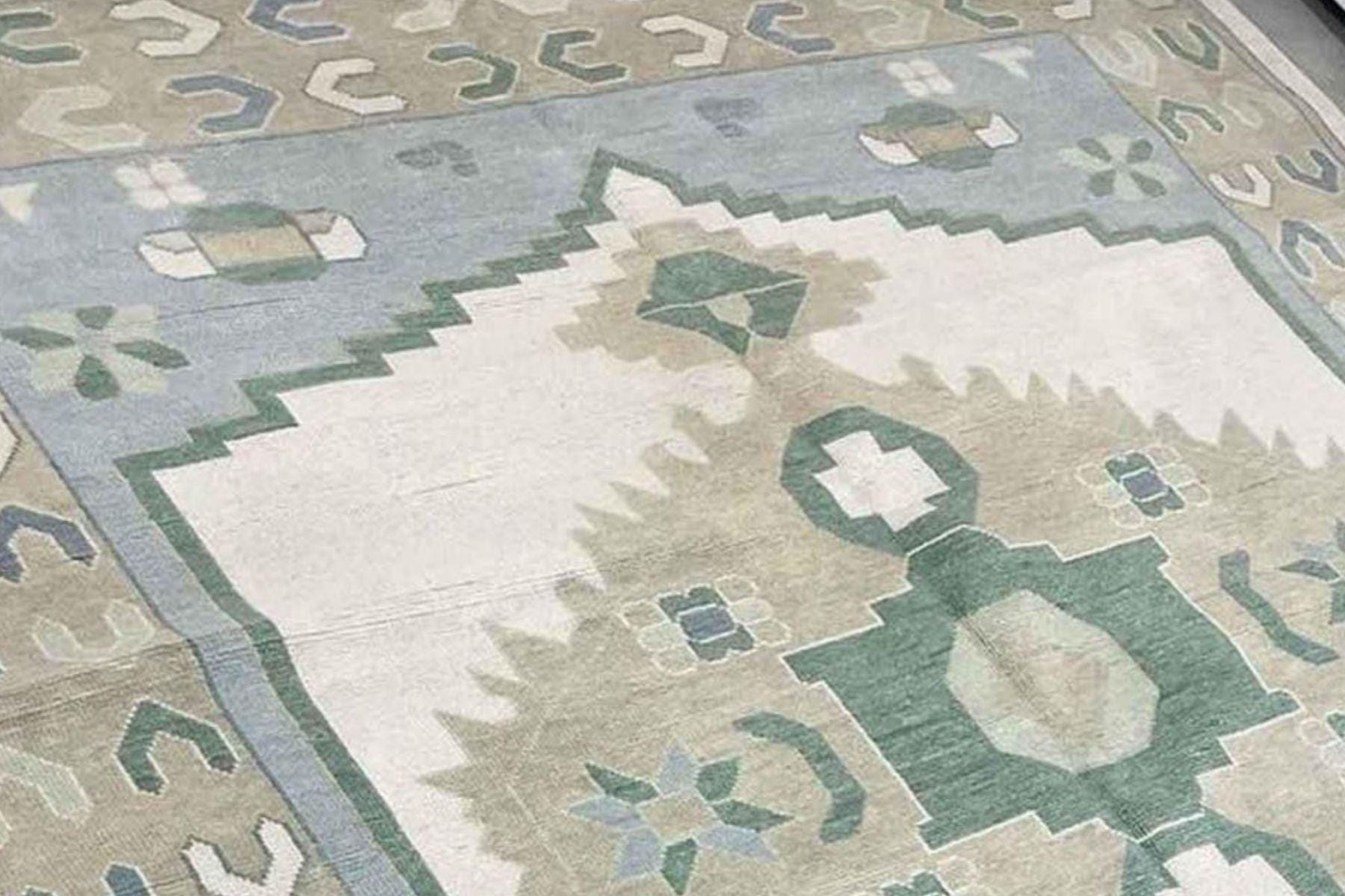 Green - Blue Oushak Rug – Hand Knotted Geometric Area Rug 4x6, 5x8, 9x12, 10x14 ft Handmade Rug for Living Room | Antique Style Ethnic Rug