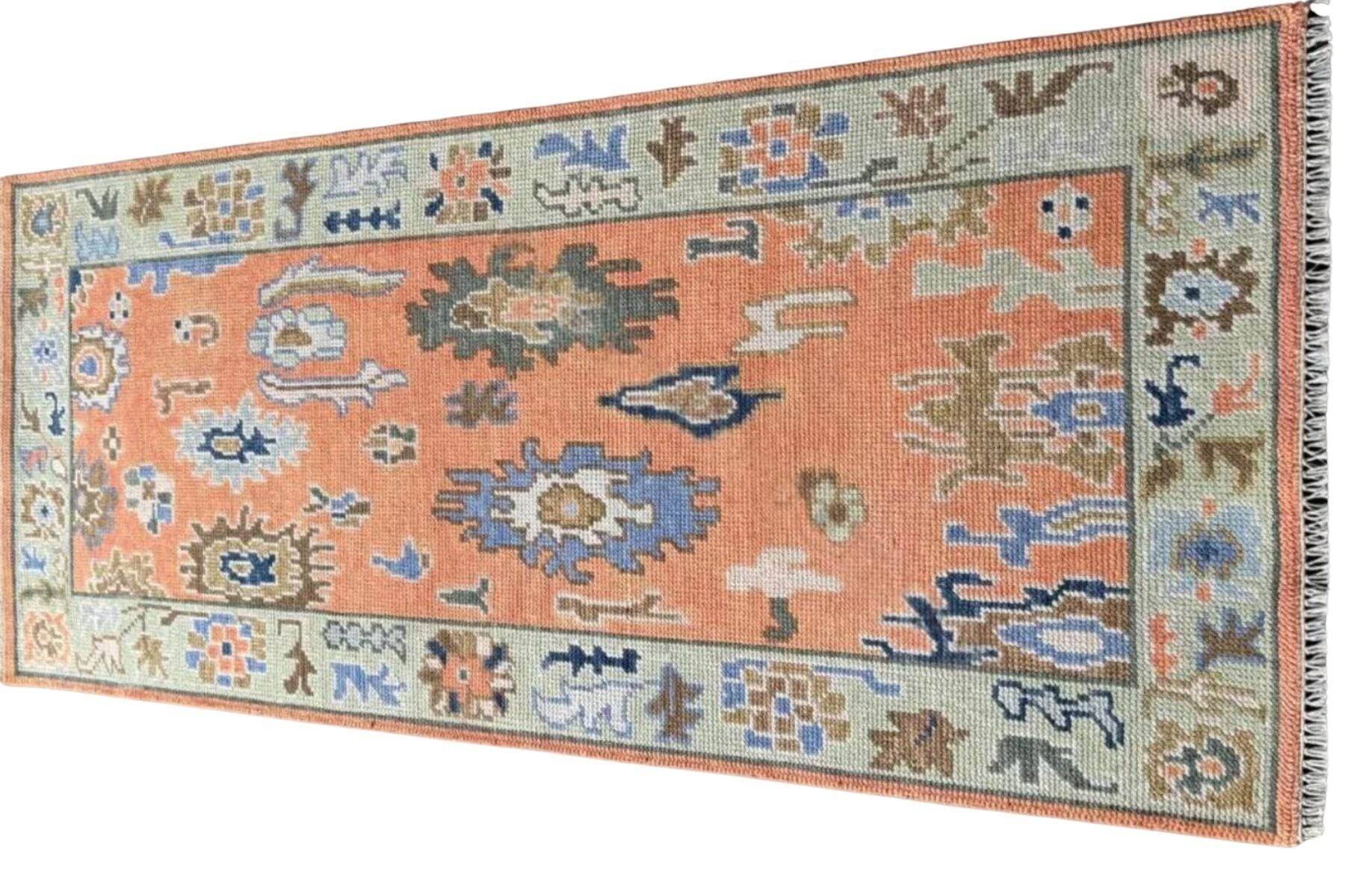 Peach Oushak Runner Rug: Hand Knotted Wool Hallway Carpet - Antique Style Contemporary Rug | Vintage Turkish  Oriental Rug For Home Decor