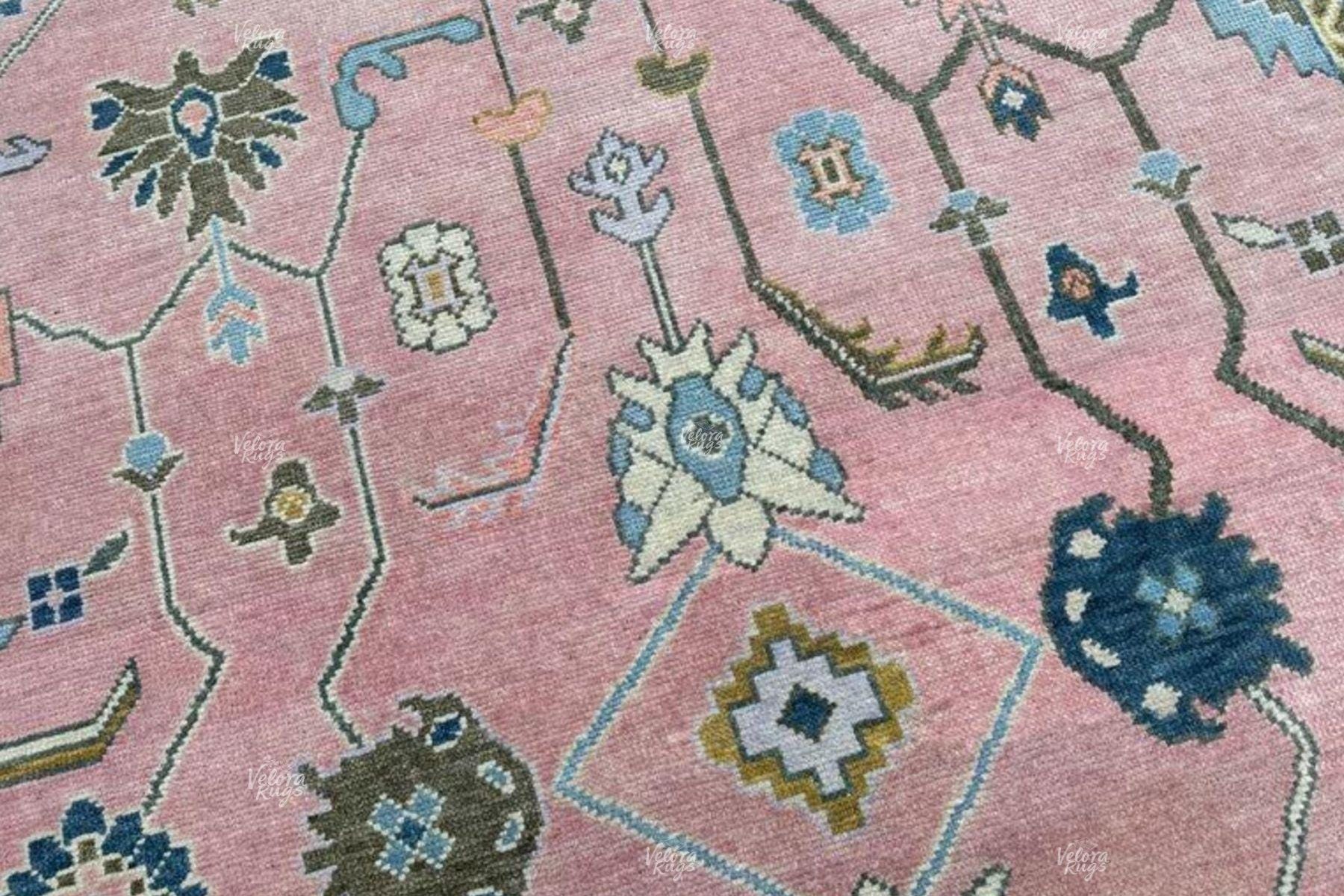 Hand Knotted Pink Wool Rug | Oushak Oriental Area Carpet | Vintage Turkish Style Floral Design | Living Room Boho Home Decor Rug