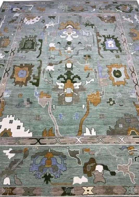 Hand-Knotted Grey Oushak Wool Rug: Contemporary Turkish Area Carpet