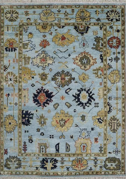 Elegant Light Blue Oushak style Hand Knotted Rug 4x6, 5x8, 6x9, 8x10, 9x12, 10x14 ft Contemporary Handmade Rugs for Living Room, Bedroom