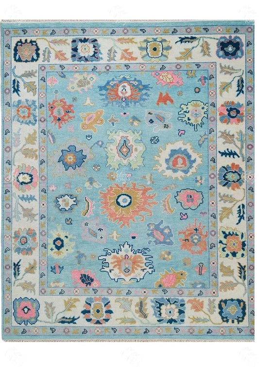 Elegant Hand Knotted Blue Oushak Rug - Antique-Style Contemporary Design, Available in 4x6, 5x8, 6x9, 8x10, 9x12, 10x14 ft | Living Room Rug