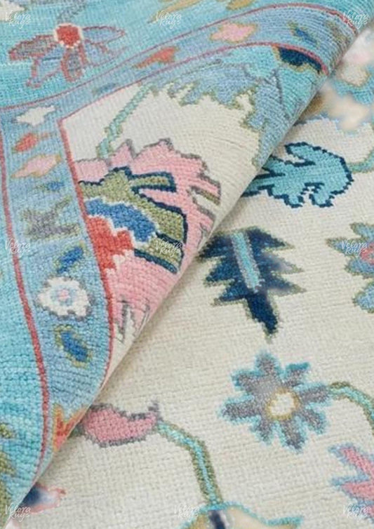 Hand-Knotted Oushak Wool Rug: Beige & Light Blue Turkish Carpet