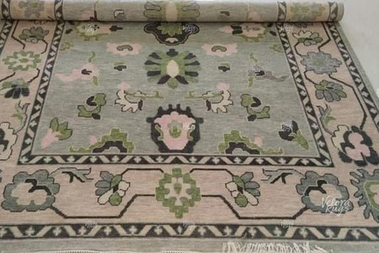 Gray Oushak Hand-Knotted Turkish Style Carpet | Pastel Floral Area Rug | Soft Green & Pink Oriental Wool Rug | Custom Size Living Room Decor