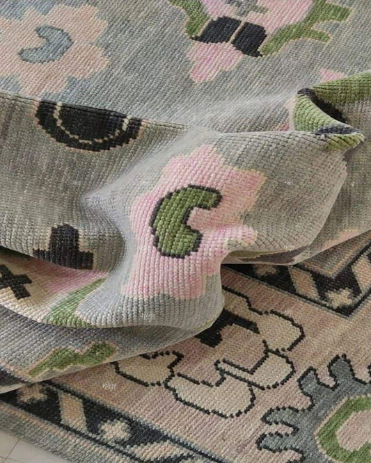 Gray Oushak Hand-Knotted Turkish Style Carpet | Pastel Floral Area Rug | Soft Green & Pink Oriental Wool Rug | Custom Size Living Room Decor