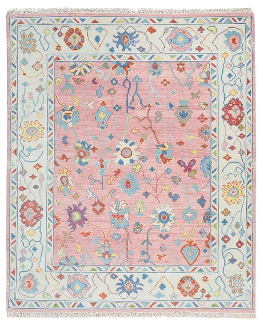 Pink Oushak Rug  Hand Knotted Wool Area Carpet | Light Blue & Ivory Border | Modern Turkish Floral Design | Handmade Boho Living Room Decor