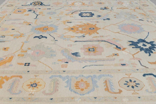 Hand Knotted Pastel Oushak Rug  Cream Beige Turkish Style Wool Carpet, Soft Floral Oriental Area Rug for Living Room, Bedroom or Dining
