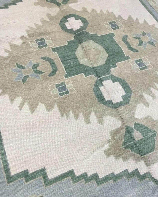 Green - Blue Oushak Rug  Hand Knotted Geometric Area Rug 4x6, 5x8, 9x12, 10x14 ft Handmade Rug for Living Room | Antique Style Ethnic Rug