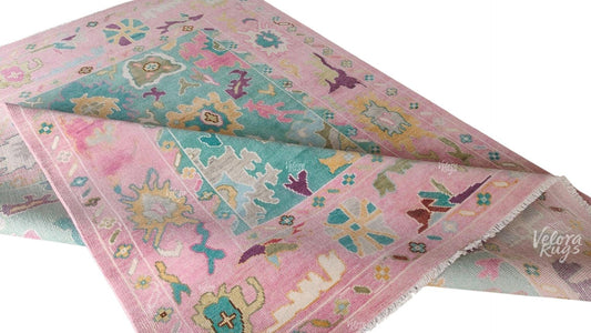 Hand Knotted Pink and Teal Oushak Rug  Modern Wool Turkish Style Carpet, Colorful Floral Oriental Area Rug for Living Room, Bedroom Decor