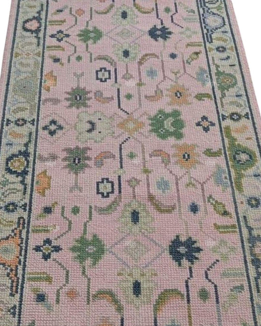 Handmade Pink Oushak Runner Rug  Floral Design Wool Persian Style Hallway Carpet For Entryway, Kitchen & Bedroom Décor, Custom Size Runner