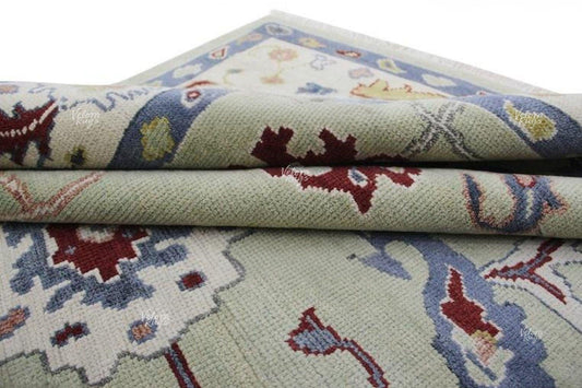 Handmade Sage Green Indo Oushak Rug, Multicolor Wool Area Carpet 6x9, 8x10  Antique Turkish Design Floral Motifs for Living Room & Bedroom